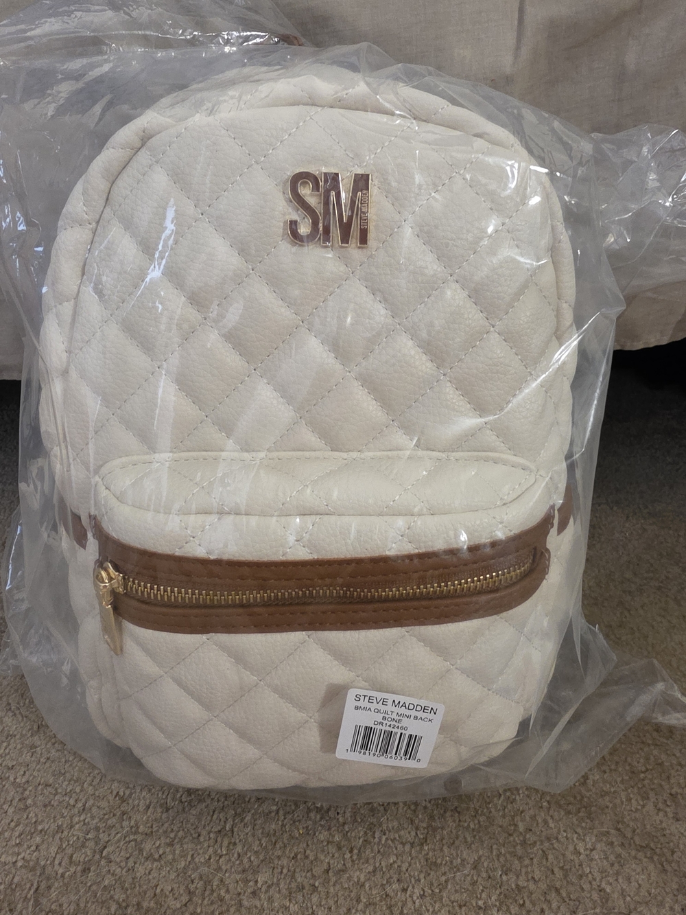 Steve Madden Cream Quilted Mini Backpack with Brown Trim